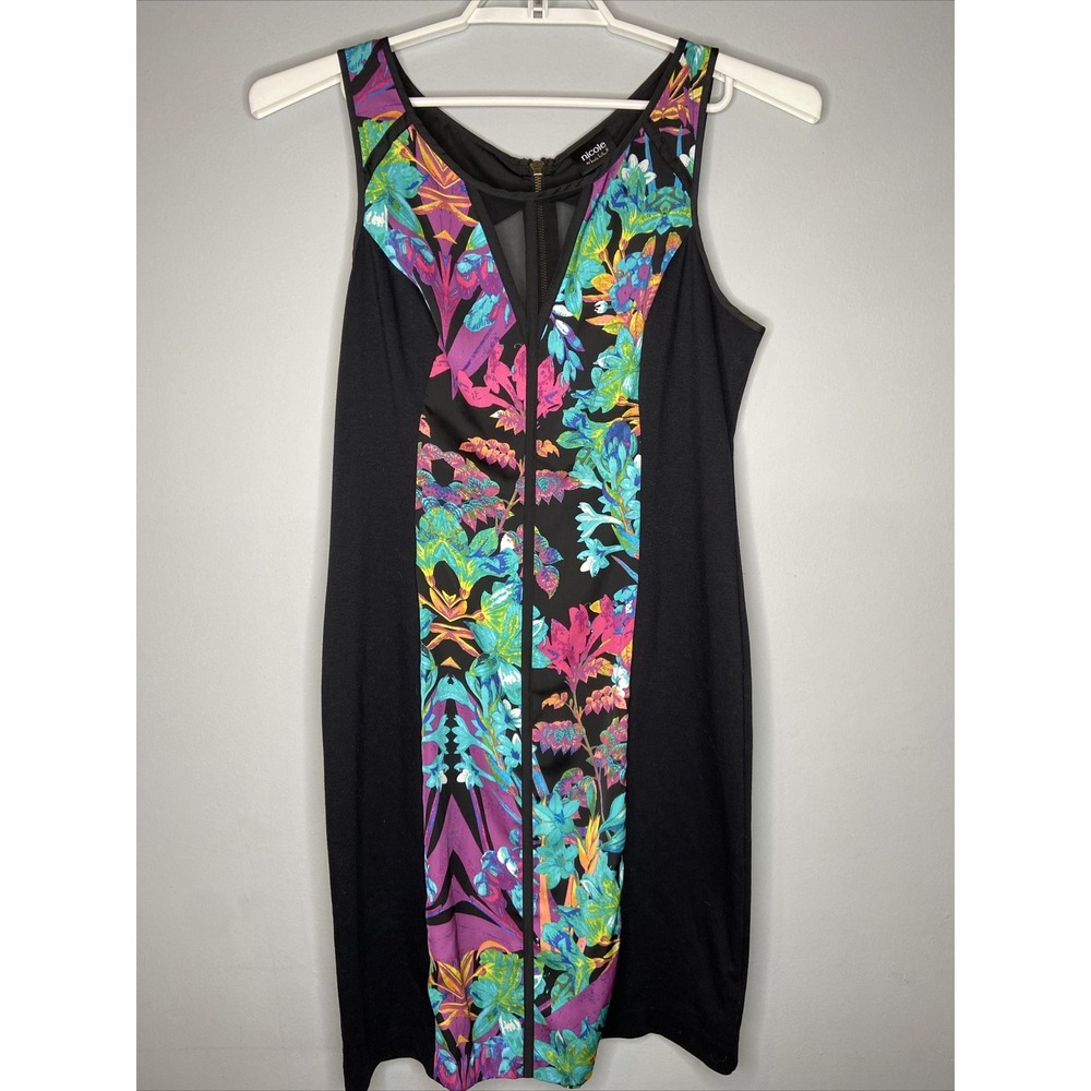 Nicole by Nicole Miller Dress Sz 16 Sleeveless Black & Flower Print Cut Out Back